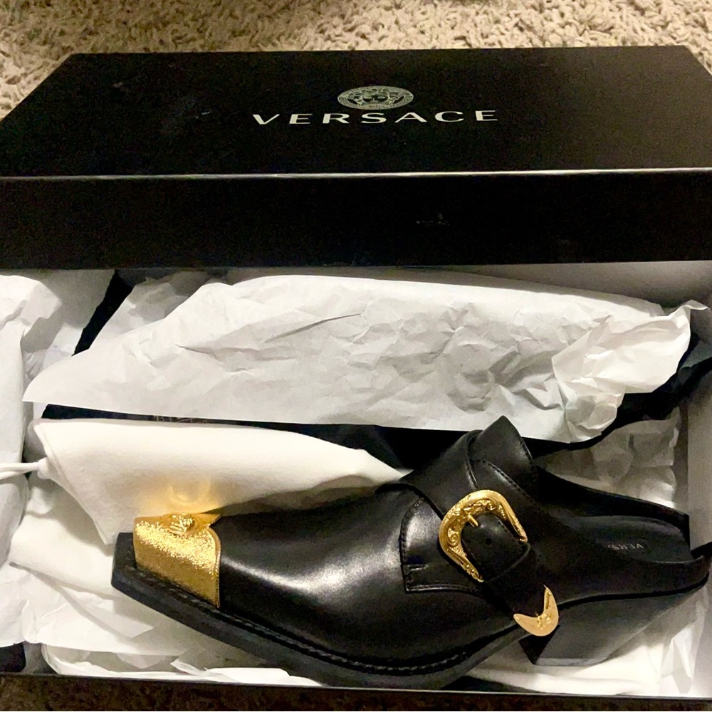 Versace Men's Black Loafers with Gold Accents